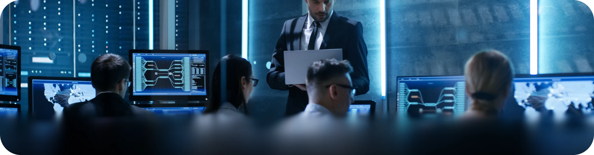 Savoya global command center: A professional logistics team providing real-time monitoring and high-stakes coordination for executive ground transportation.
