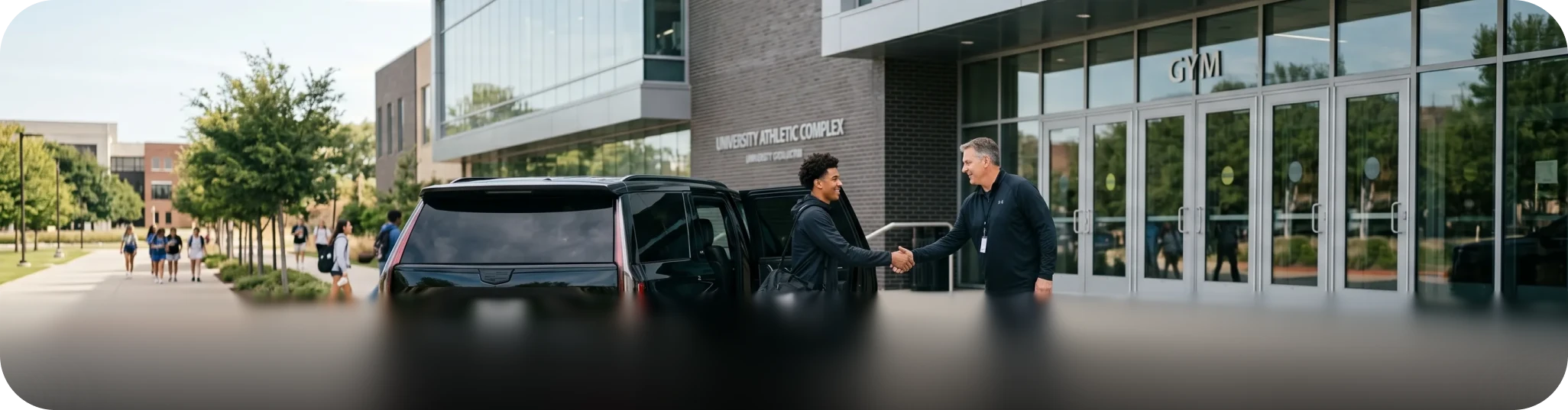 A professional chauffeur shakes hands with a passenger next to a black SUV in front of a modern glass office building.
