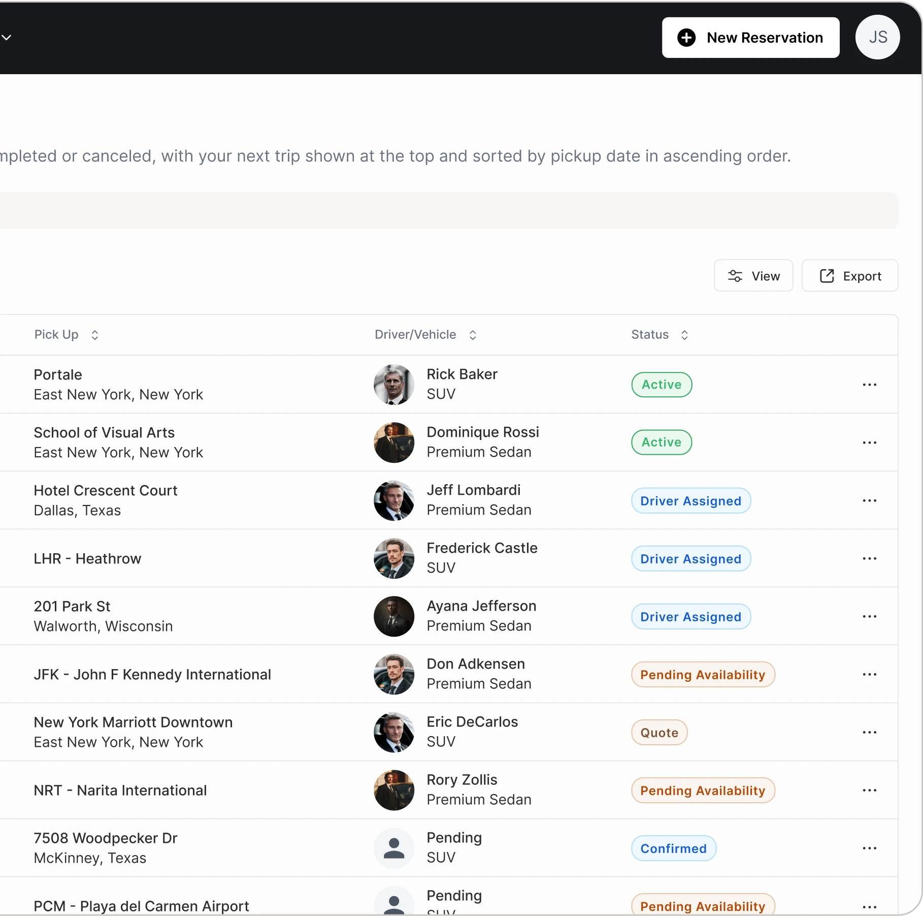 A partial desktop view of the Savoya travel management portal, showing a list of active transport reservations with status indicators.