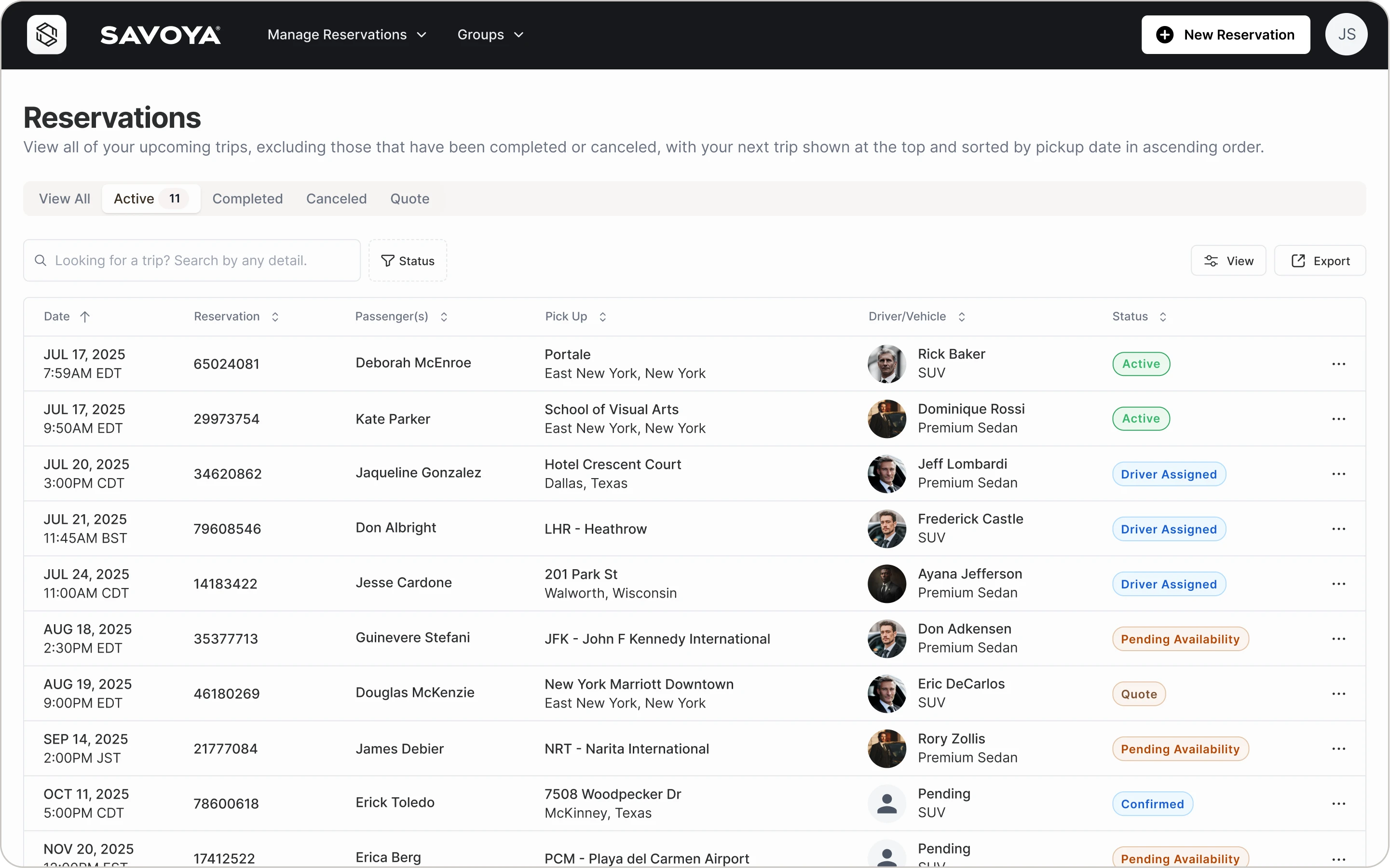 A desktop web interface for the Savoya platform showing a detailed dashboard of travel reservations.