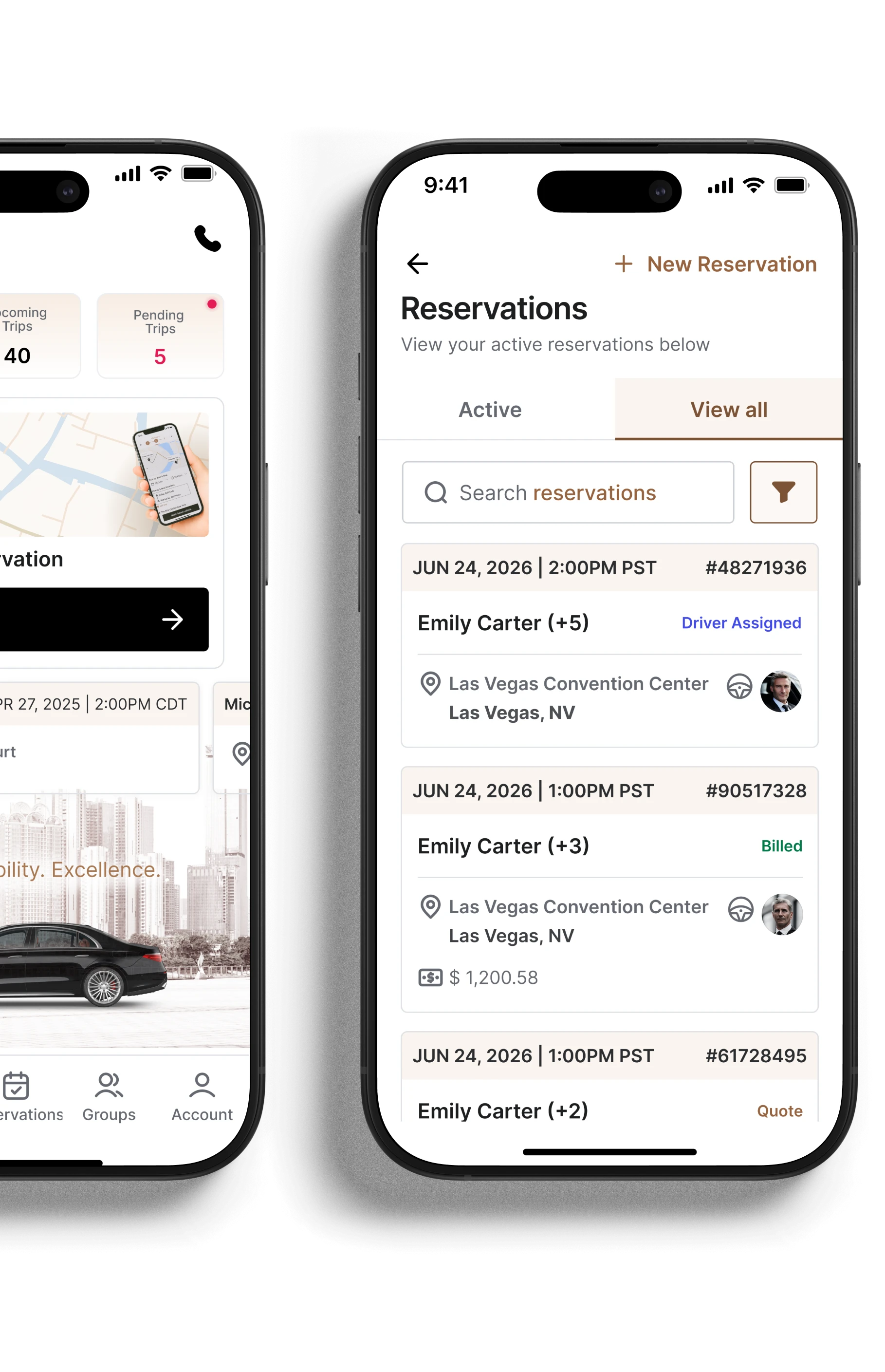 The Savoya mobile application interface, highlighting executive travel management tools such as real-time reservation viewing, driver tracking, and easy booking on a sleek smartphone display.