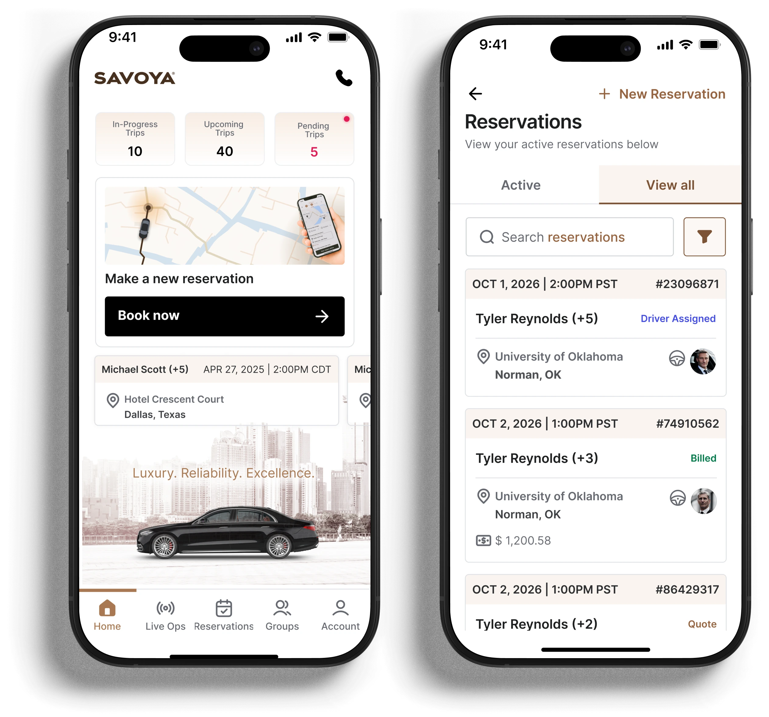 Two mobile smartphone screens displaying the Savoya application interface, showing the home dashboard and a list of active travel reservations.