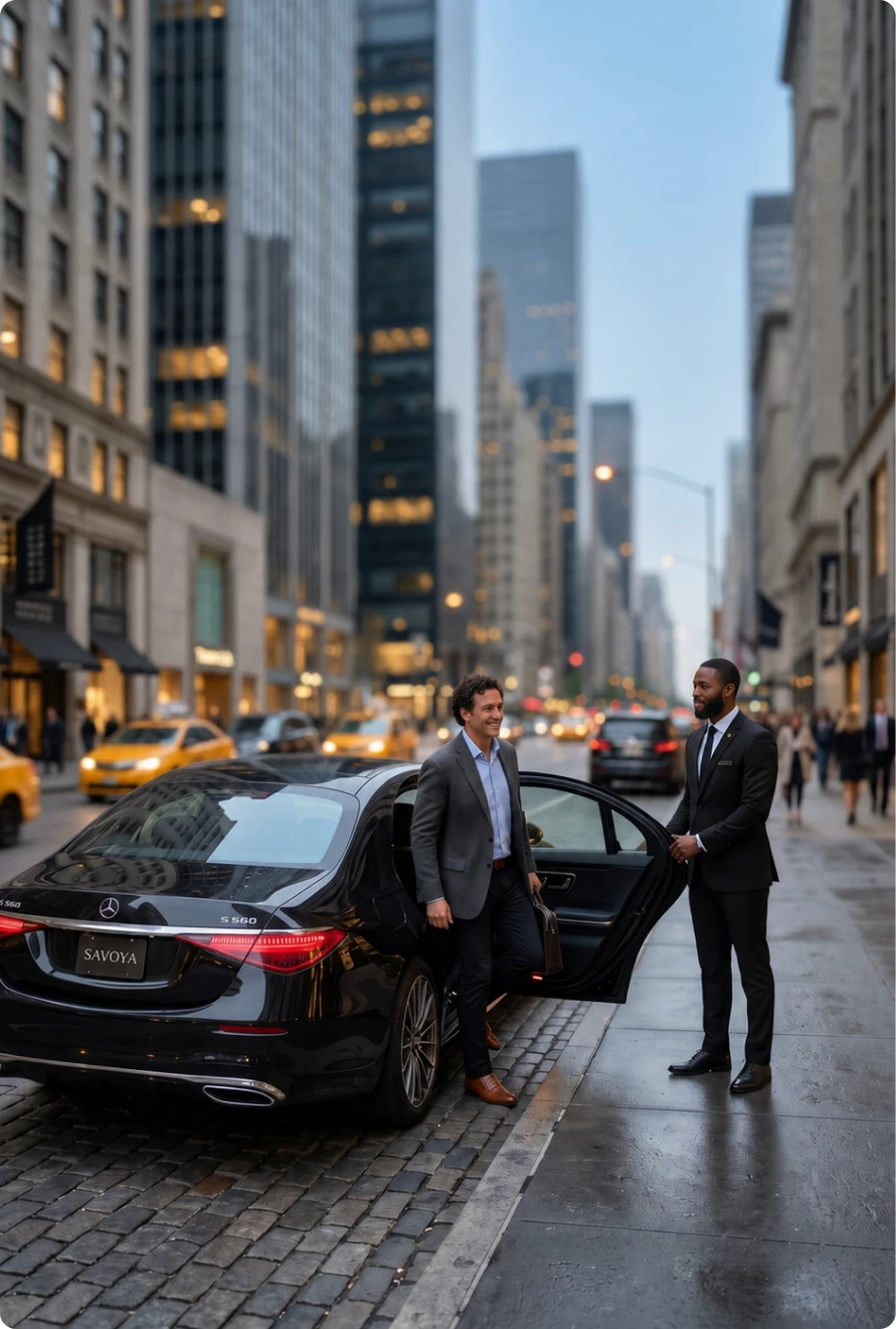 Savoya chauffeur opening the rear door of a black luxury sedan for an executive on a city street