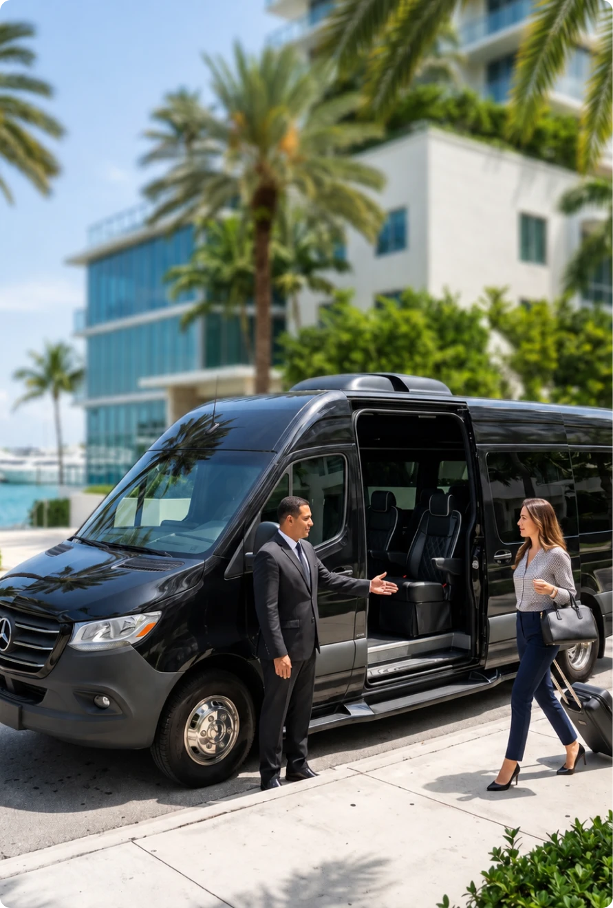 Savoya chauffeur greeting a passenger beside a black executive Sprinter van