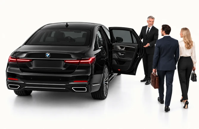 Black Savoya sedan with chauffeur greeting executives