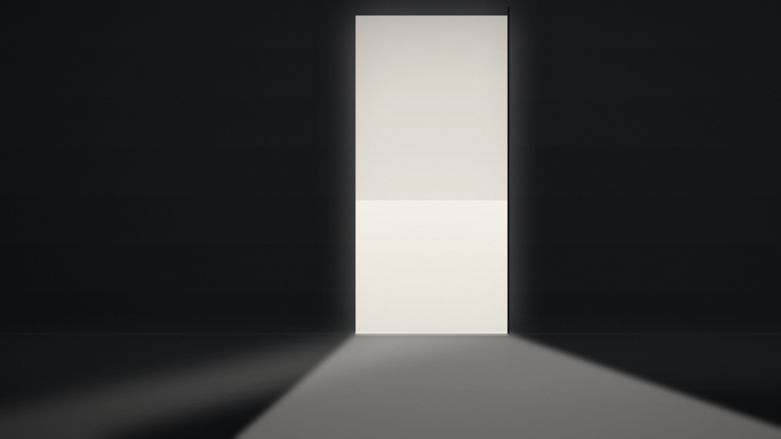A doorway of light in a dark room, the light crossing the threshold and turning across the floor.
