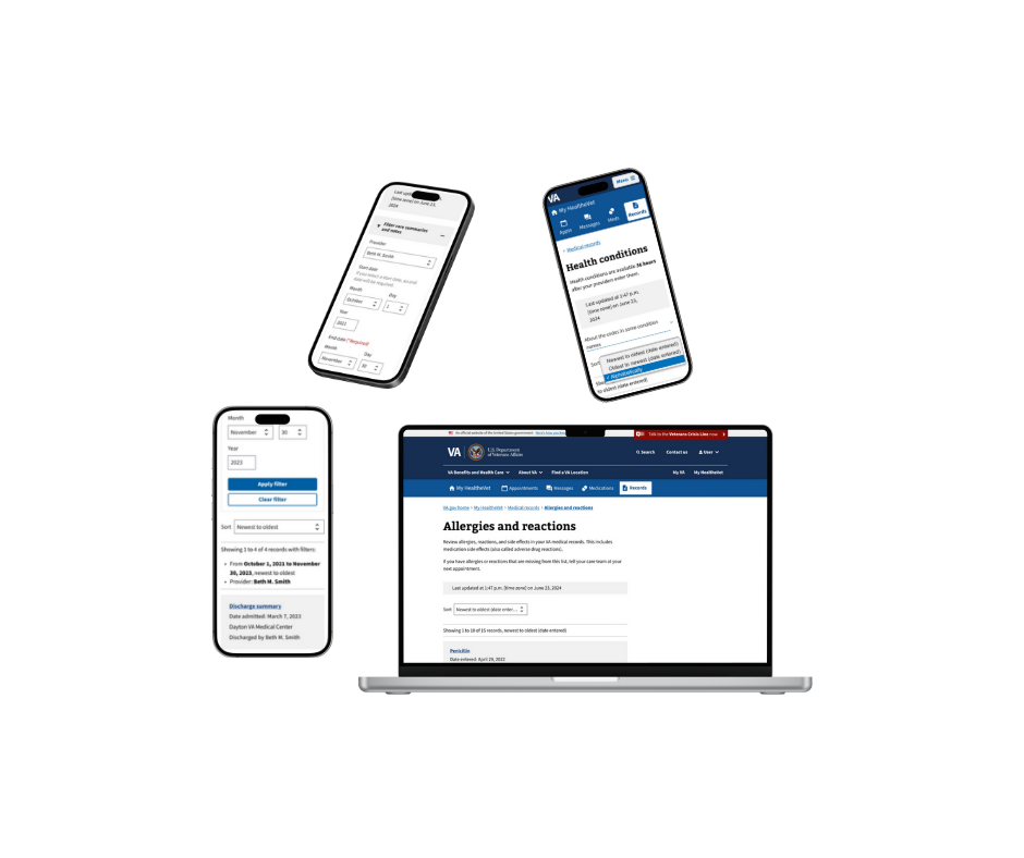 A mobile and laptop mockup of the new filtering and sorting designs on My HealtheVet on VA.gov