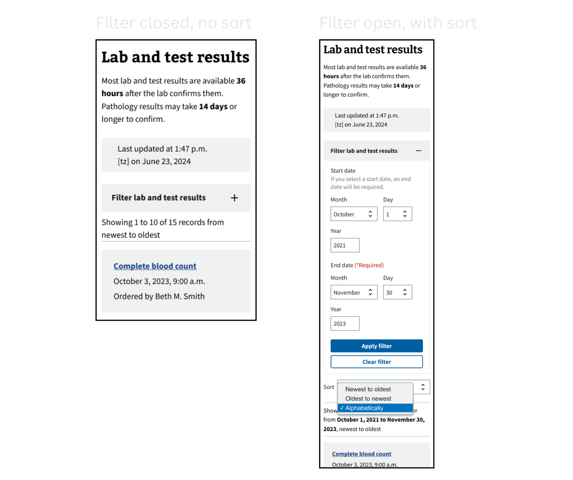 Mockups showing an open and a closed filter, as well as with and without the sort feature