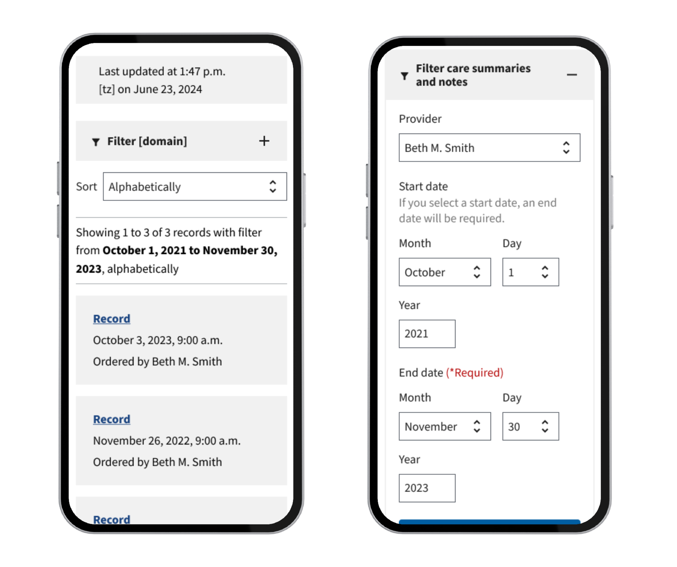 Phone mockups of designs with filter and sort