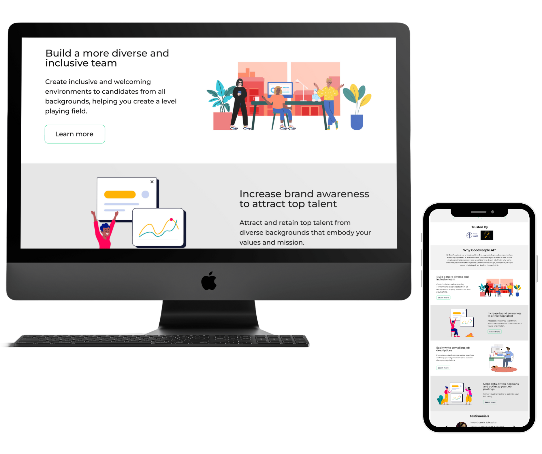 Desktop and phone mockup of GoodPeople's landing page