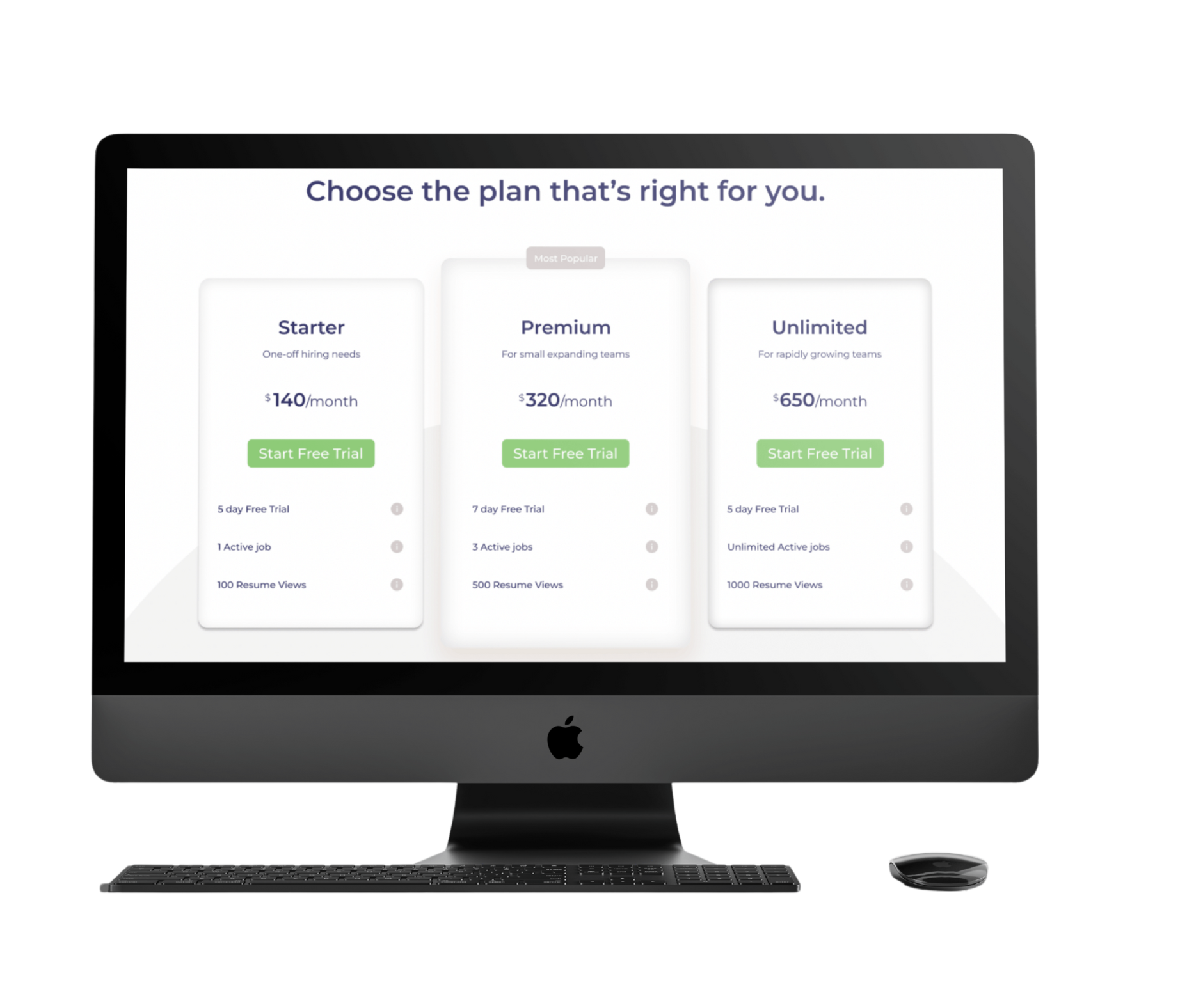 Desktop mockup of a purchase plan with green button