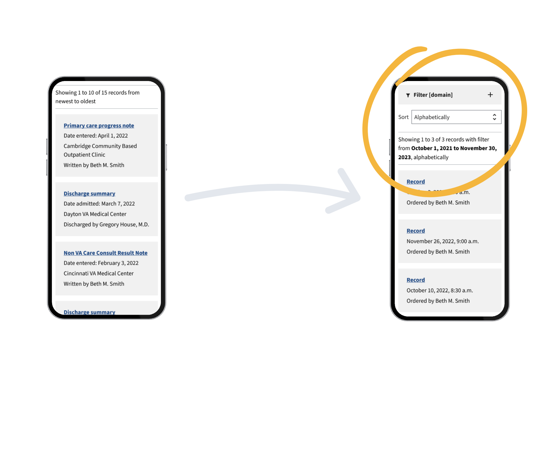 Mockup of Medical Records design before and after filtering and sorting features