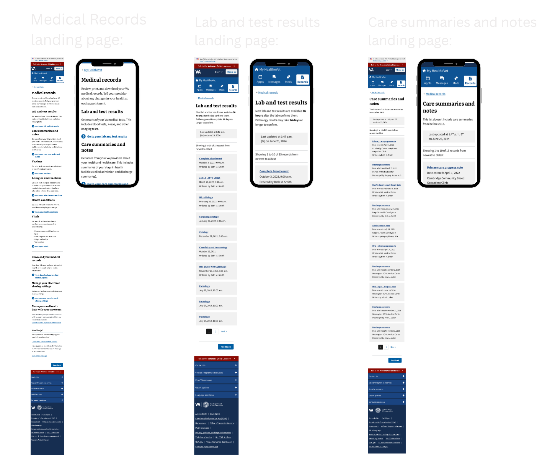 Original designs of the Medical Records landing page, Lab and test results landing page, and Care summaries and notes landing page, which have no filtering and sorting options