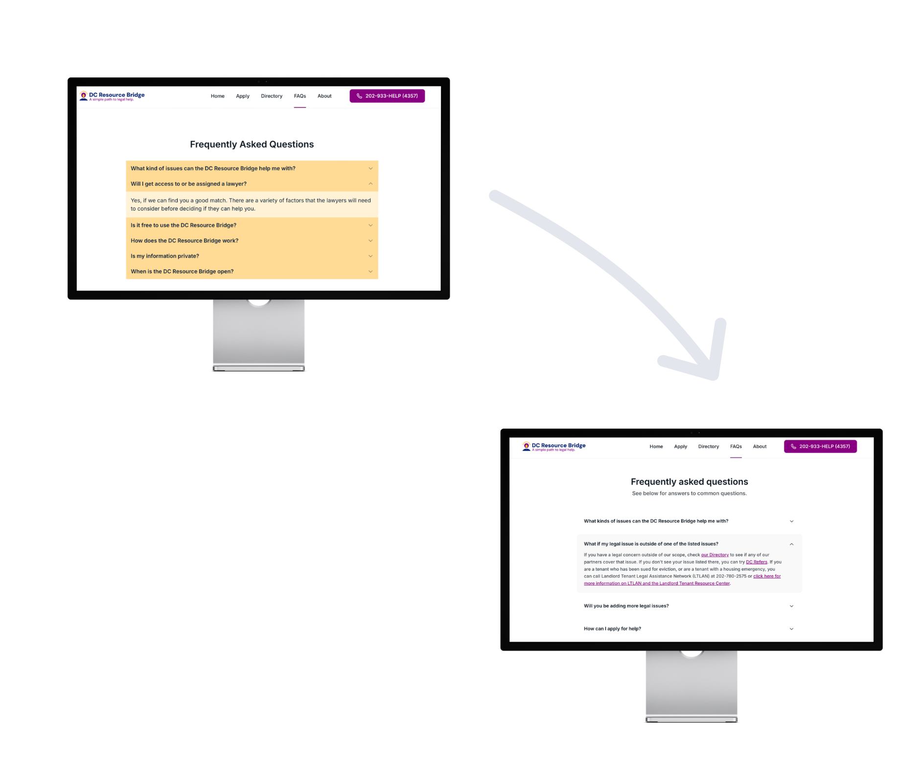 A before and after comparison of the FAQ page for DC Resource Bridge.