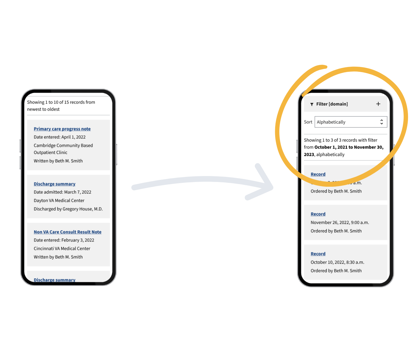 Before/after mockup of Medical Records filtering and sorting