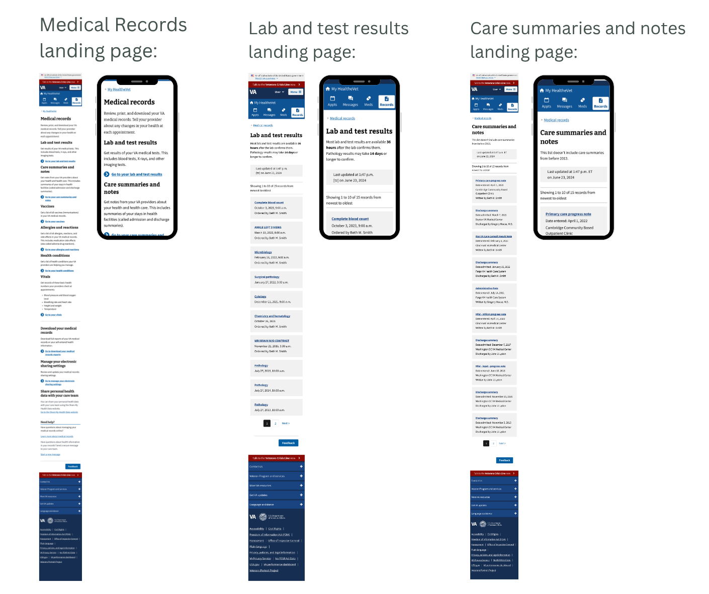 Original Medical Records landing pages with no filtering or sorting
