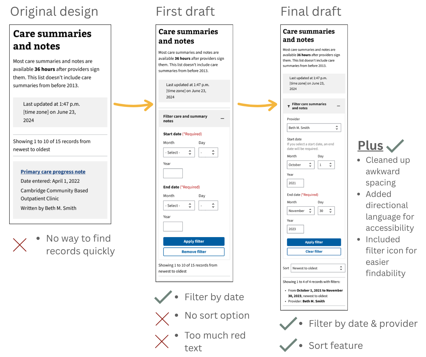 Phone mockups with filter and sort applied
