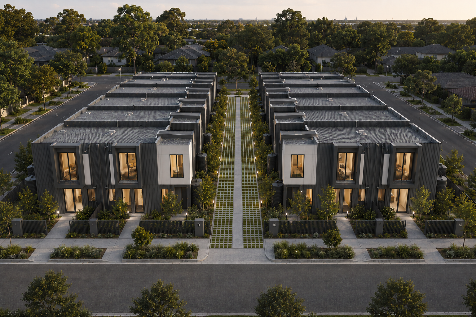 Two rows of double story townhouses in greater Melbourne