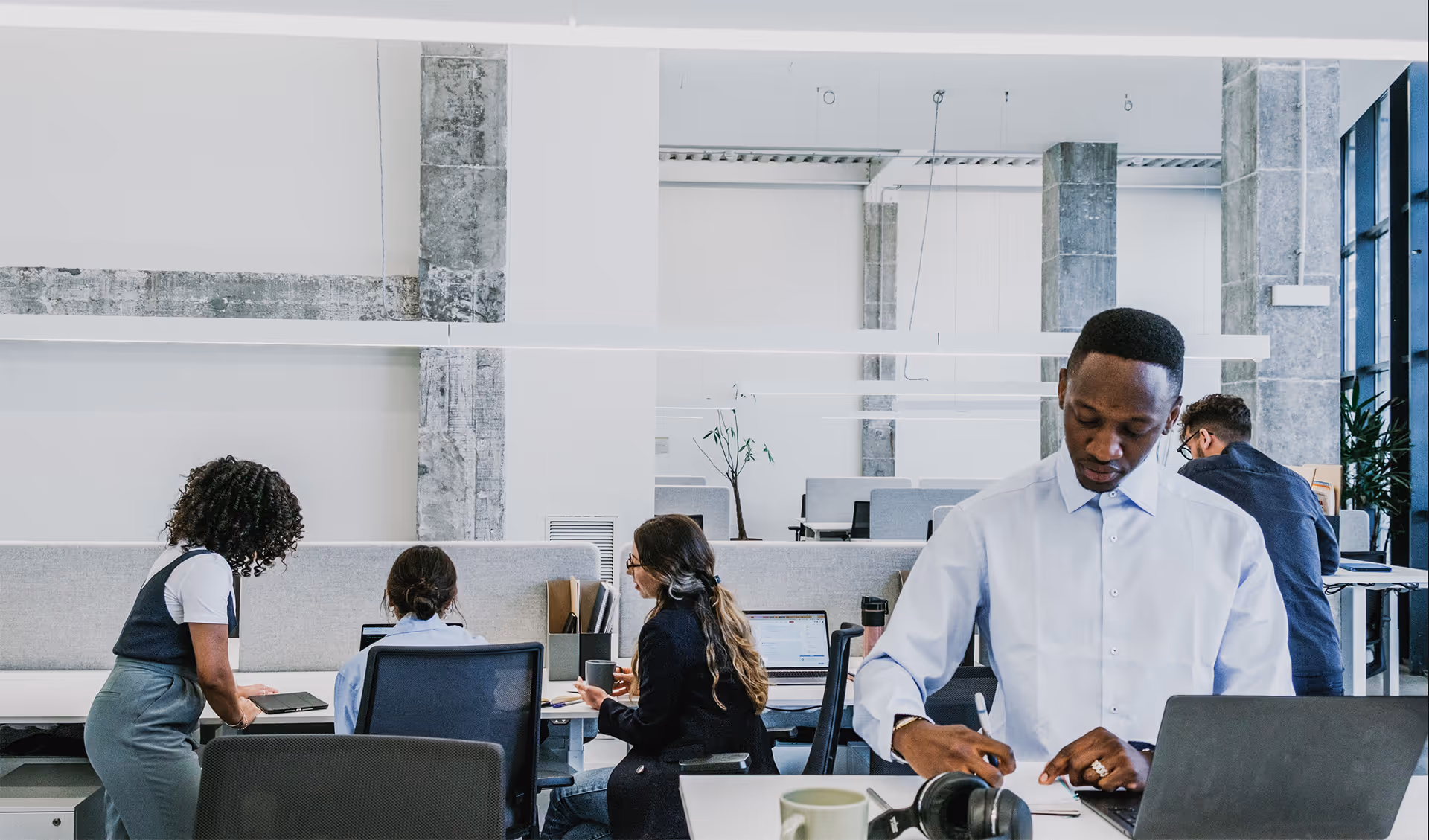 Five professionals working in a modern office with laptops and documents at desks separated by light grey partitions.