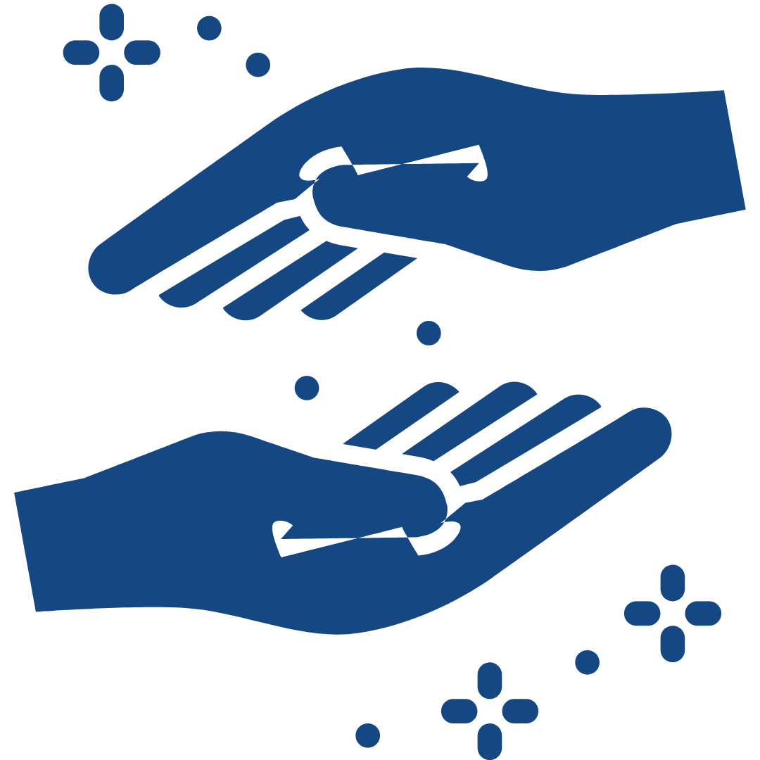 Outlined hand with a heart above it and arrows pointing right and left, symbolizing giving and receiving love.