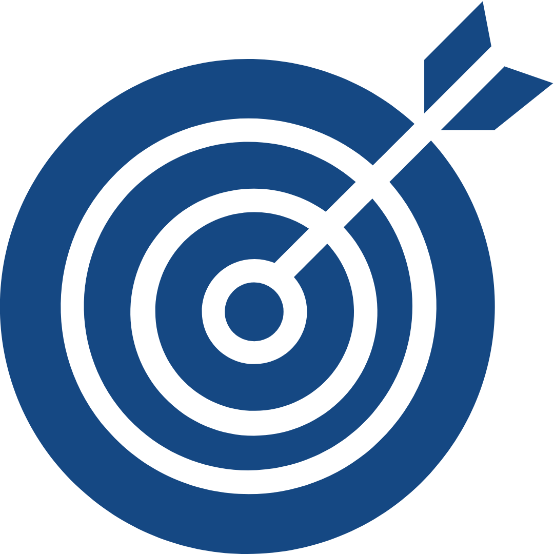 Blue outline icons of four diverse individuals connected around a central target symbol.