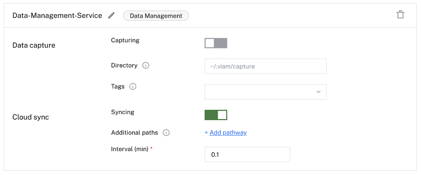 Configuring the data management service in Viam