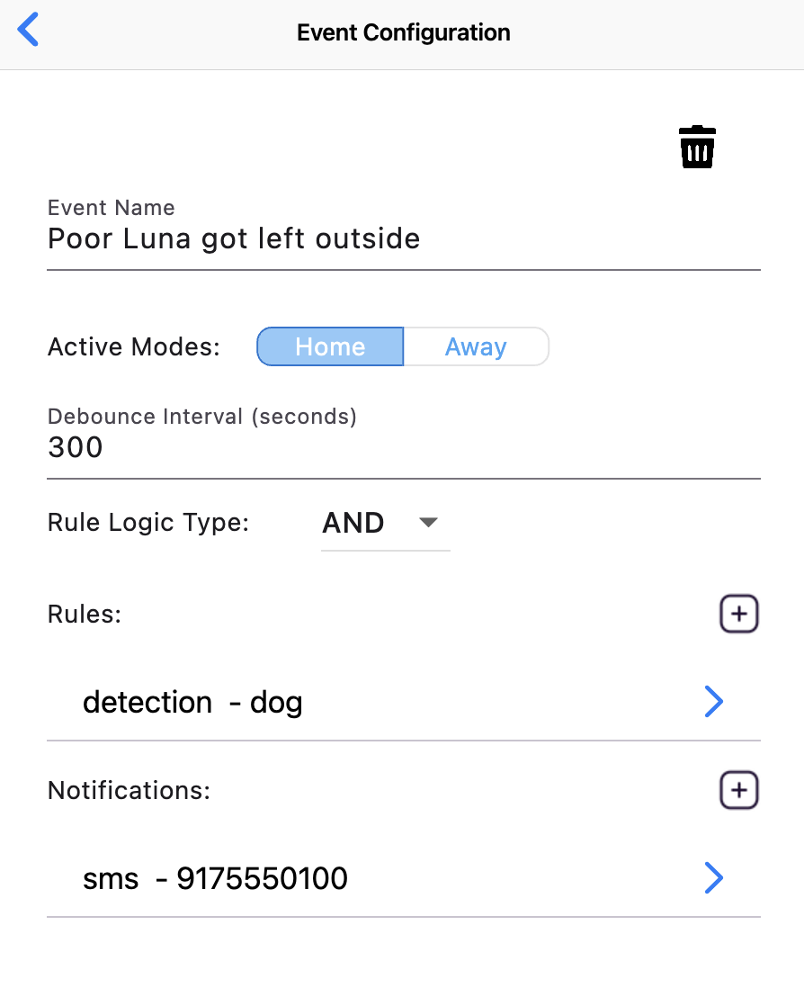 An image of the event configuration for the Raspberry Pi security project, showing the event name as "Poor Luna got left outside," the rules, and where to send the notifications.