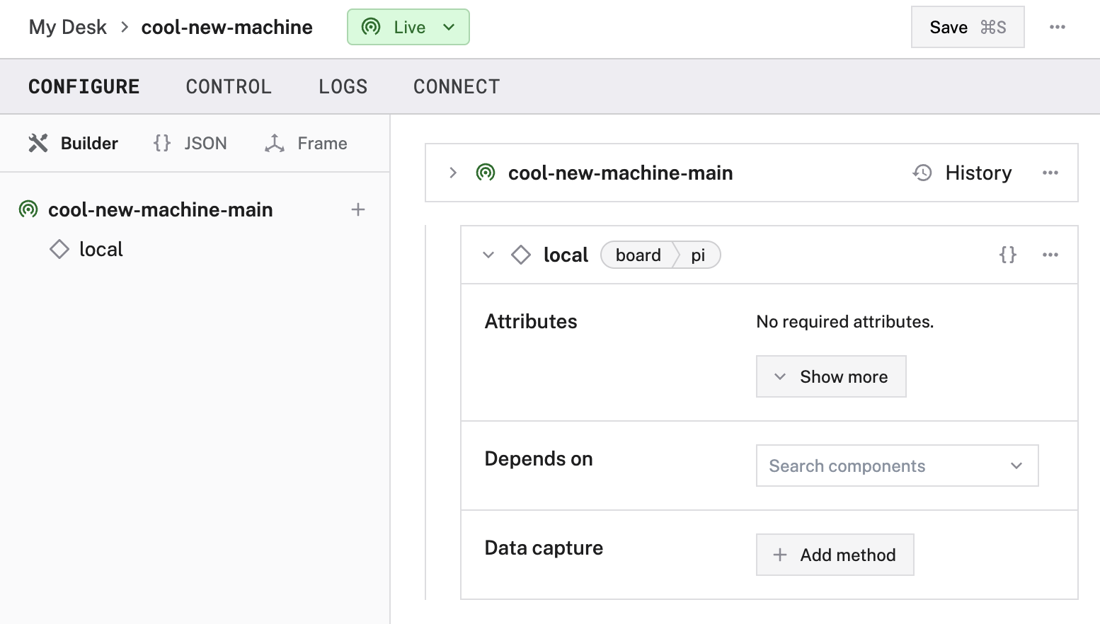 Config tab of the Viam app showing the board configuration. The board is named 'local' and no attributes are configured.