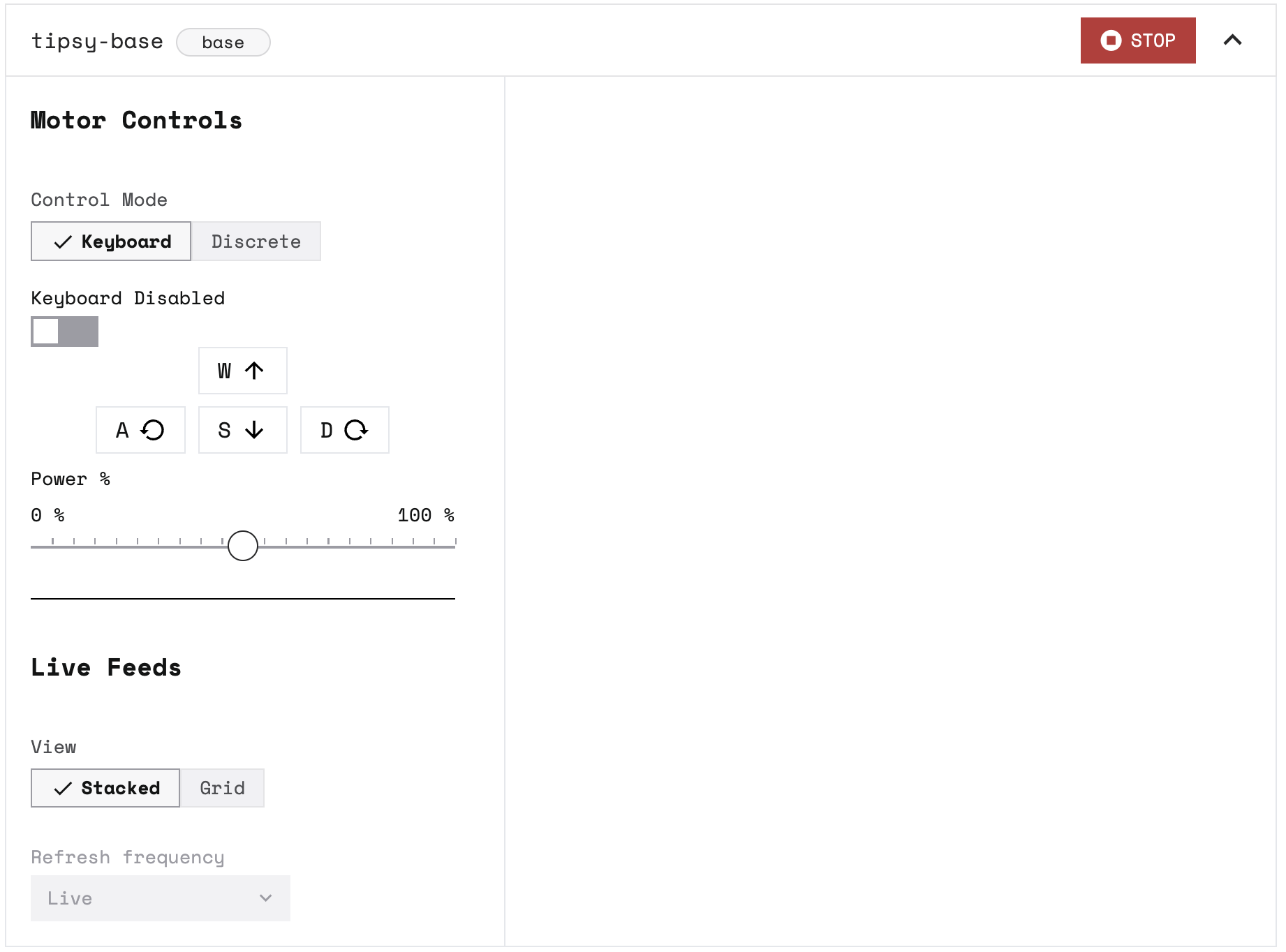 tipsy-base component in the Control tab, with Motor Control buttons to drive it around and change the power percentage.