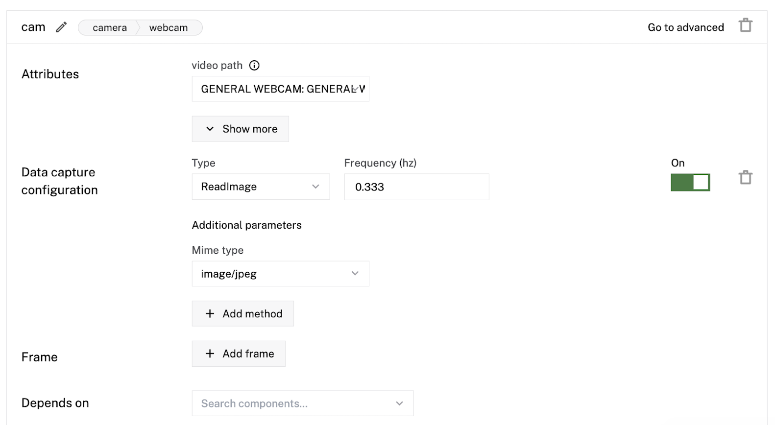 The configuration page for a camera component.