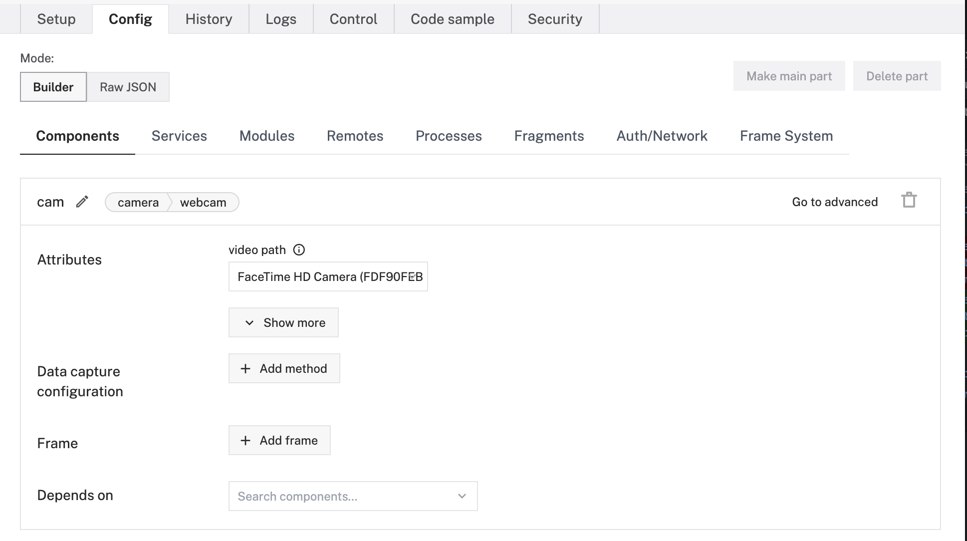 Creation of a webcam camera in the Viam app config builder. The user is selecting the video_path configuration attribute from the dropdown menu