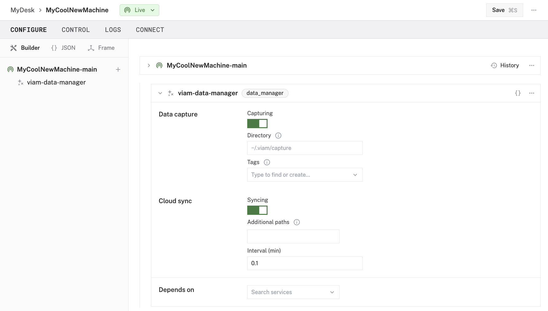 Data capture and cloud sync enabled for a component