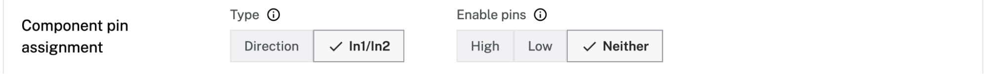 The motor component attribute panel with the Component pin assignment area. Type has two options: direction and In1/In2 and In1/In2 is toggled on.