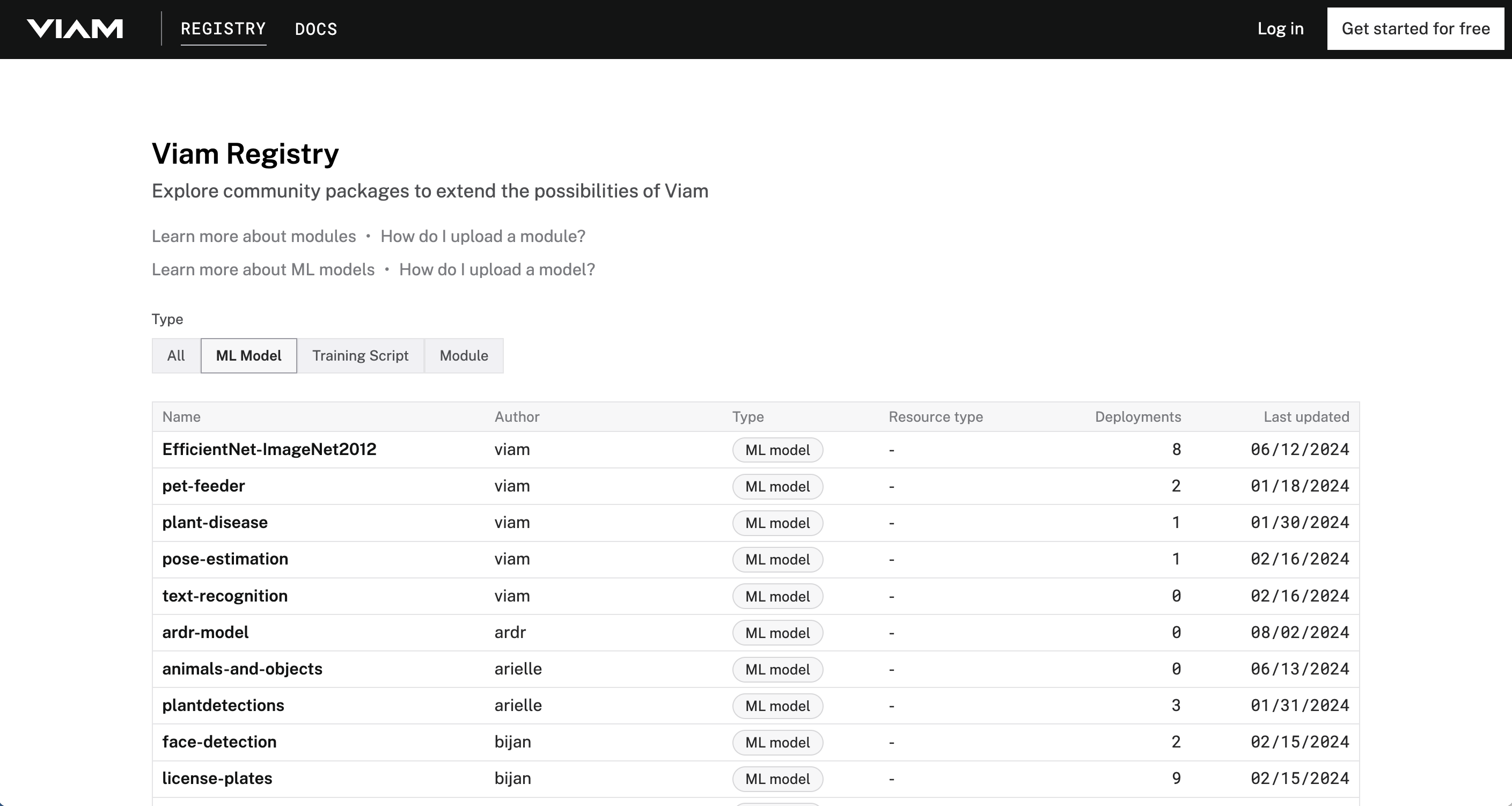 An image of the open-source Viam Registry, filtered for ML models, on a desktop screen. The title text reads "Viam Registry" with the sub-header reading "Explore community packages to extend the possibilities of Viam." The remainder of the screen shows some ML models that are available on the registry.