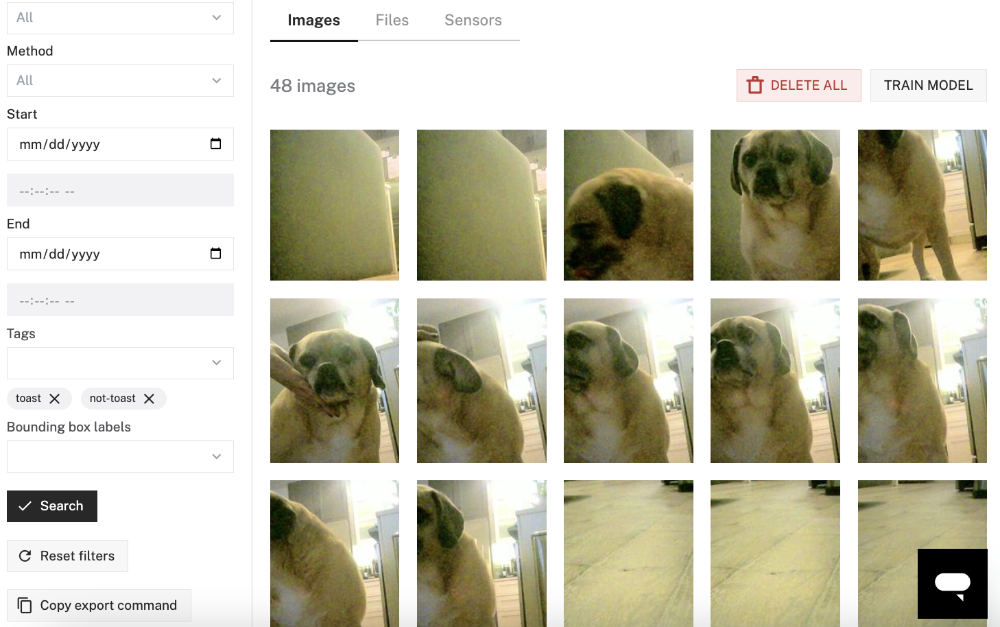 Screenshot displaying multiple images of my dog, Toast, captured and organized within Viam’s data manager. Each image has different angles of and distance away from Toast, ensuring a robust dataset.