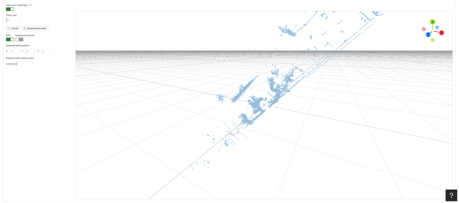 3D LiDAR output of a hallway in the Viam office, as seen in the Viam app interface (source). 