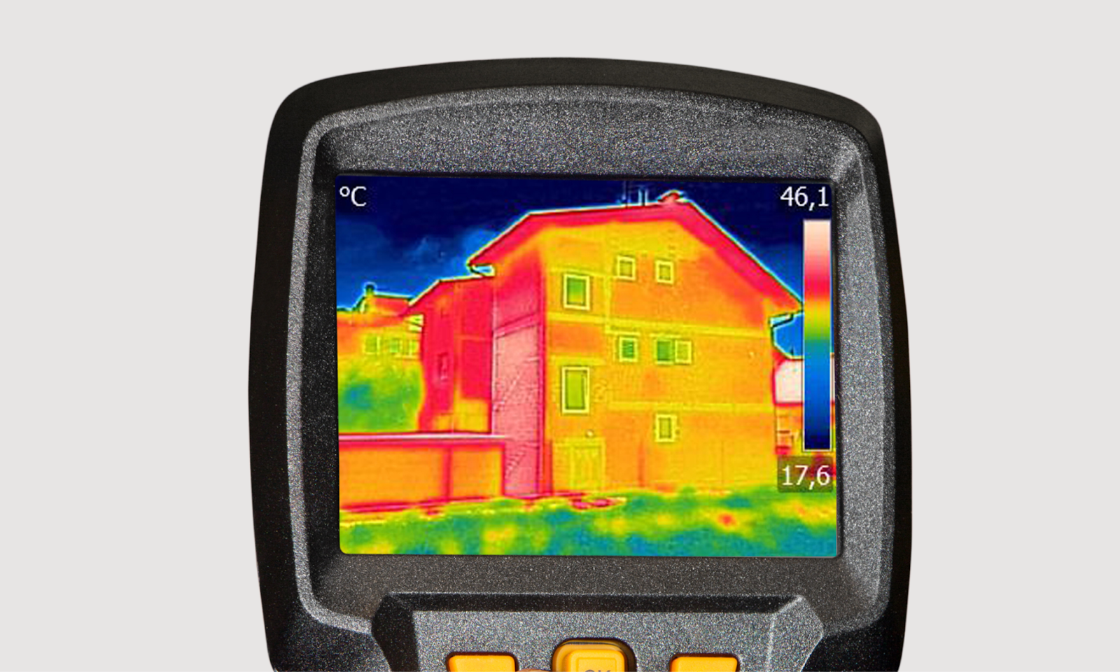 A thermal camera showing the differences in temperature of a house.