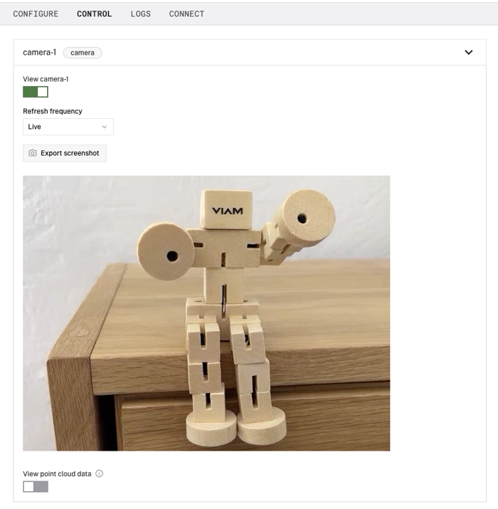 The Viam app interface, specifically the control tab, being displayed to show that the camera is working correctly. You can tell this as an image is populating on the screen.