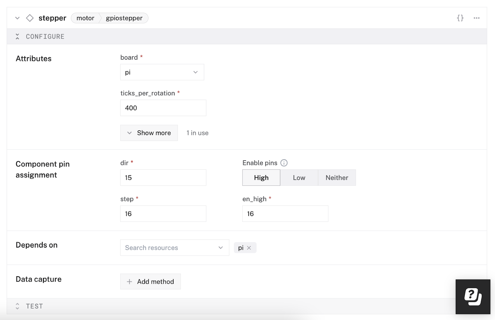 This image shows the "stepper," named "gpiostepper"being configured directly within the Viam app interface. The attributes fall at 400 ticks per rotation and is connected to the Raspberry Pi via pin assignments of direction: 15 GPIO 22, step: 16 GPIO 23, and enabled low: 18 GPIO 24.