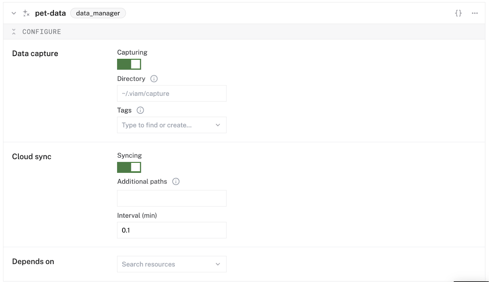 Screenshot of the Viam app showing the data capture feature enabled, indicated by a green toggle switch.