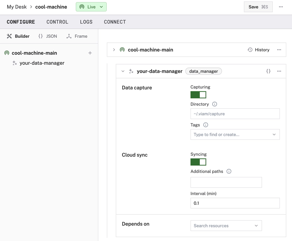 The Viam app interface showing data capture and cloud sync turned on.