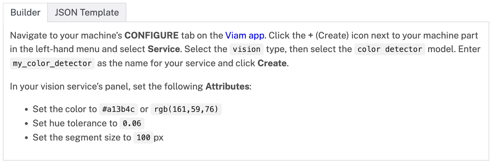 Steps on how to configure the color detector model within the Viam app.