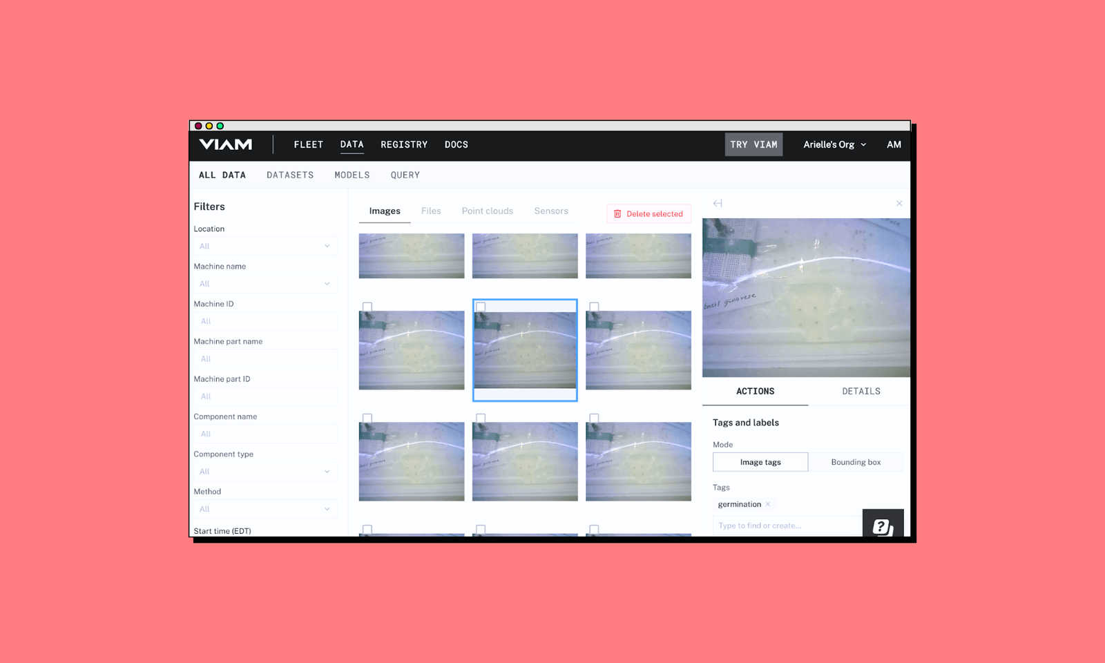 Images are tagged as “germination” within Viam’s data tab for use in model training.