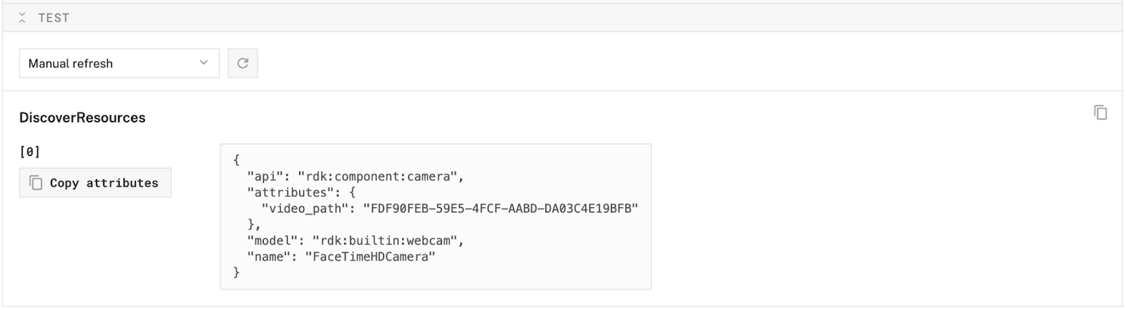 Screenshot of the expanded “Test” section of the webcam discovery service’s config card on the Viam platform.