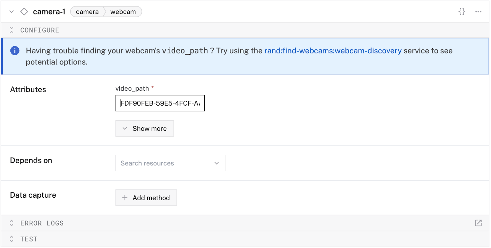 Screenshot of the helpful banner in VIam's platform that points you to the “webcam-discovery” service in case you tried adding the webcam first.
