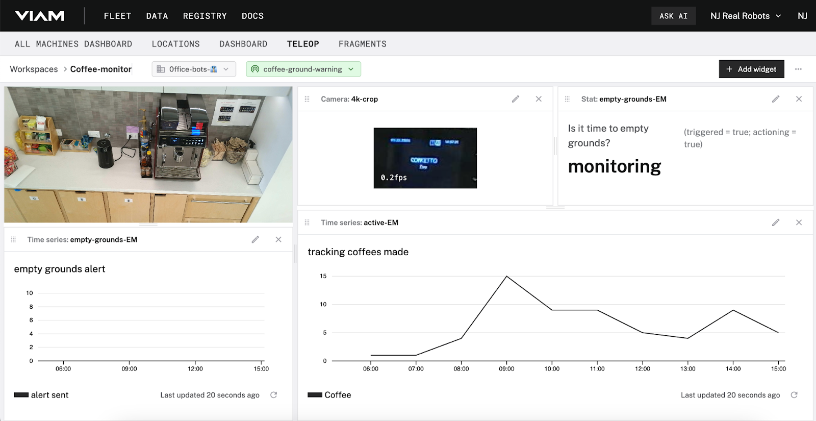 Teleop dashboard created to monitor a smart coffee machine.