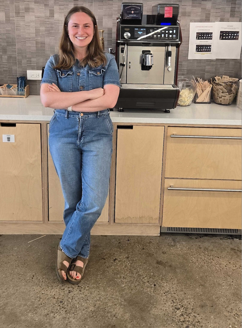Viam product manager Natalia Jacabowitz with the coffee machine she made smarter with Viam in just 3 days.