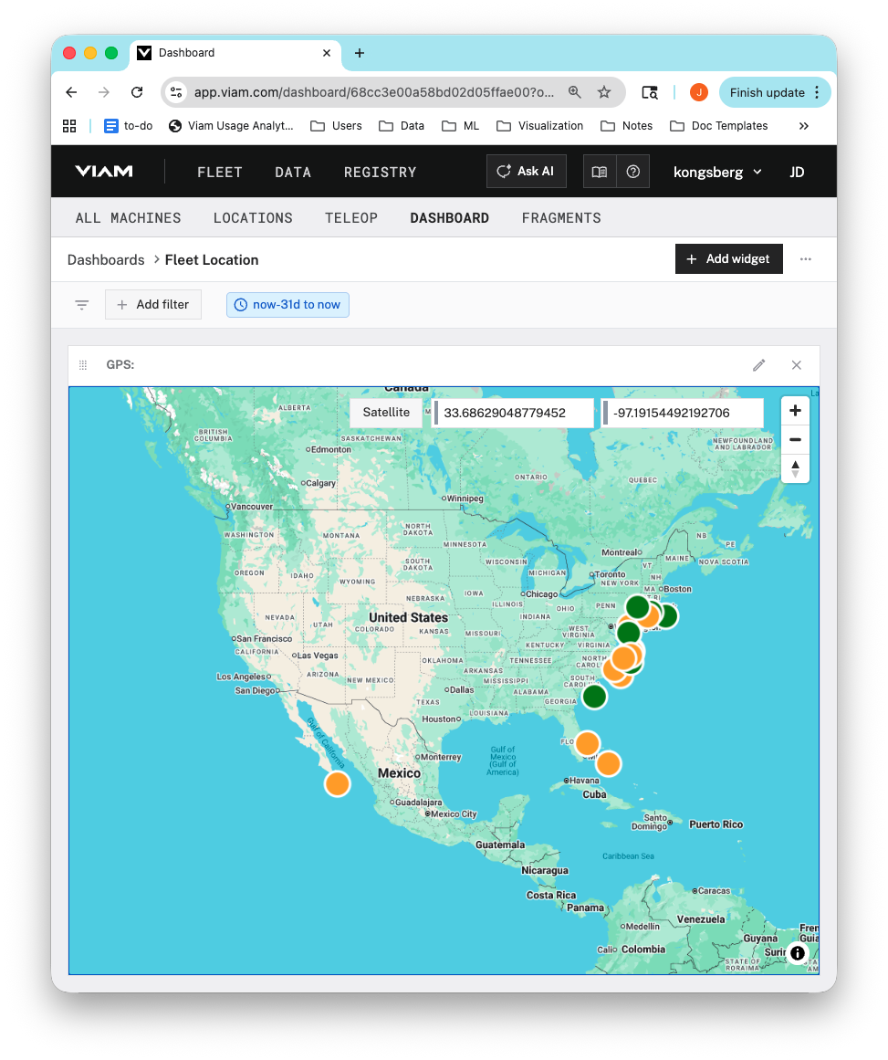 Dashboard GPS widget showing machine locations on a map view.
