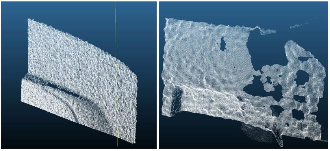 Side-by-side point cloud comparison: Orbbec Astra 2 (left) vs the other camera (right) at 95 cm. The Astra 2’s point cloud is much tighter and unaffected by the glare visible in the top right.
