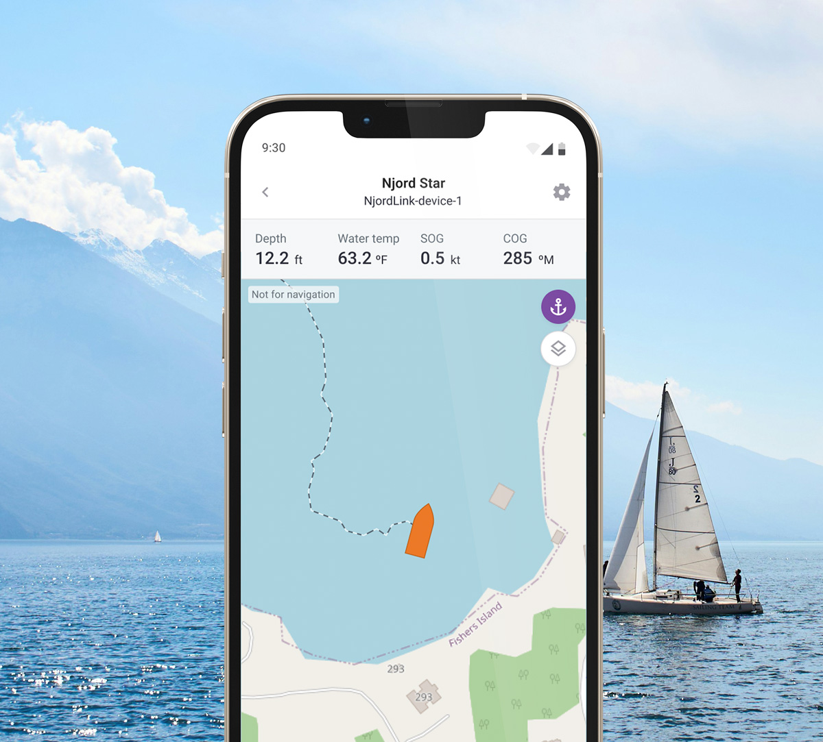 A phone showing the Digital Yacht app overlaid over a photo of a sailboat out on a lake.